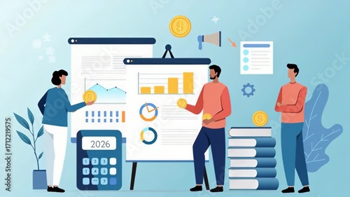 Professional business team collaborating on financial analysis with charts, graphs, and data visualization dashboard. Modern flat illustration perfect for finance presentations.
