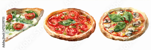 Vector illustration, set of Italian pizza, watercolor painting, banner