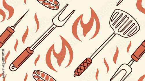 Barbecue Tools and Flames Seamless Pattern with Skewer Spatula Fork and Meat