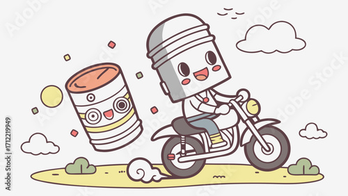 Cartoonish Can Character on Motorcycle Chasing Another Can with Smiling Face