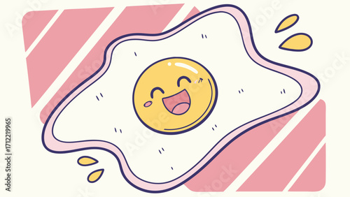 Cheerful Cartoon Fried Egg with Smiling Face and Pink Striped Background