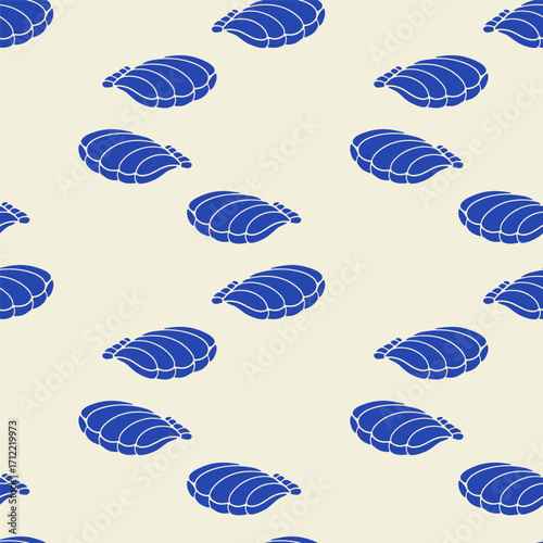 Blue and beige silhouette sea shells coastal seamless pattern. Hand drawn mollusk repeat background