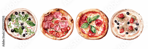 Vector illustration, set of Italian pizza, watercolor painting, banner