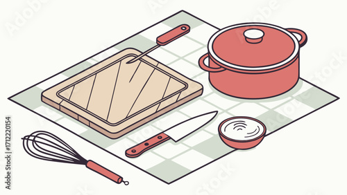 Isometric Kitchen Tools Cutting Board Pot Whisk Knife and Bowl