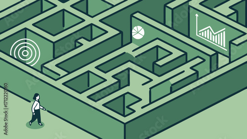 Isometric Maze with Businesswoman Target Pie Chart and Growth Chart Icons