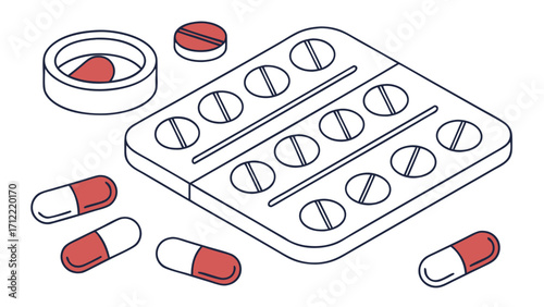 Isometric Outline Illustration of Red and White Capsules and Blister Pack