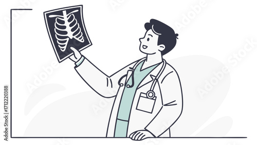Smiling Doctor Examining Xray of Rib Cage Medical Illustration