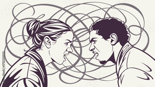 Two People in Intense Confrontation Illustrated with Angry Expressions and Swirls