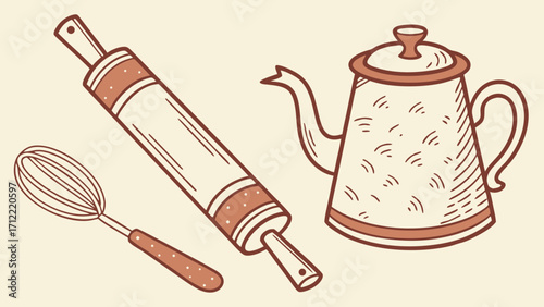 Whisk Rolling Pin and Teapot Kitchen Utensils in Brown Outline Illustration
