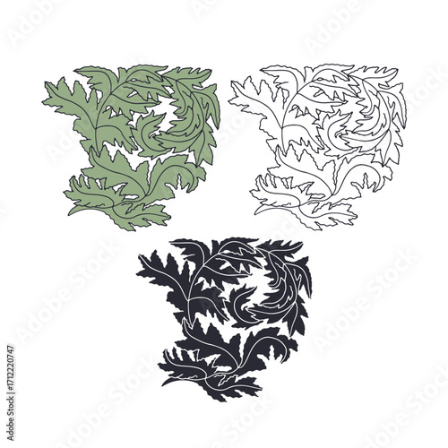 Green and black and white seaweed hand drawn vector illustration set