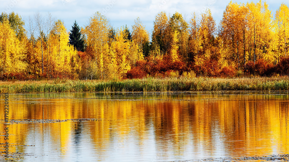 Fototapeta premium Autumn Lake Reflection with Colorful Trees