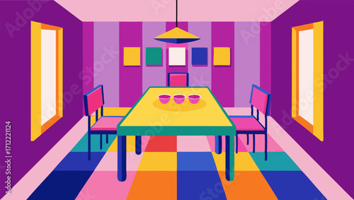 A dining room with a vibrant colorblocked rug in shades of pink purple and yellow adding a playful touch to the space.