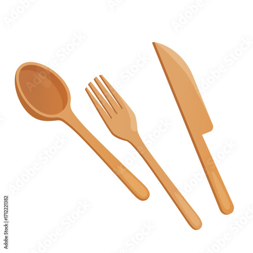 Eco wooden kitchen utensils set including knife, spoon, and fork isolated on white background. Natural eco-friendly cutlery, cooking tools, sustainable wooden tableware design.