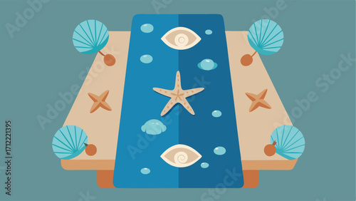 A coastalthemed table runner with seashell and starfish patterns spread across a wooden dining table.