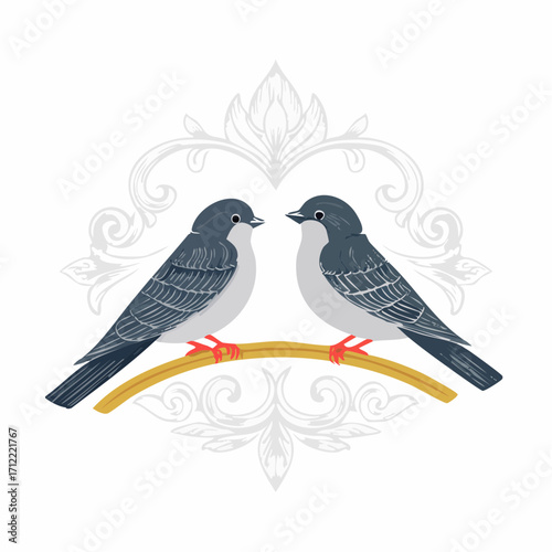 Elegant vector illustration of two lovebirds sitting together on a branch with classic rococo decoration