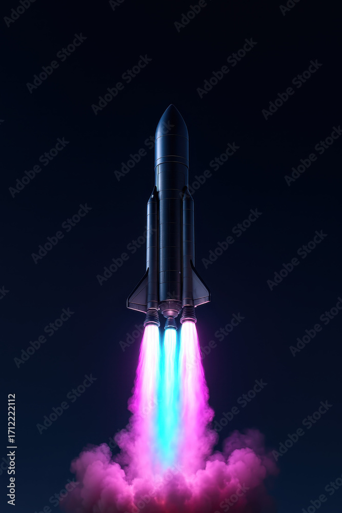 Obraz premium Rocket Ascent into the Cosmos: A futuristic rocket blasts off against a dark, star-studded sky, its engines igniting a vibrant trail of colors, symbolizing ambition and the pursuit of innovation.