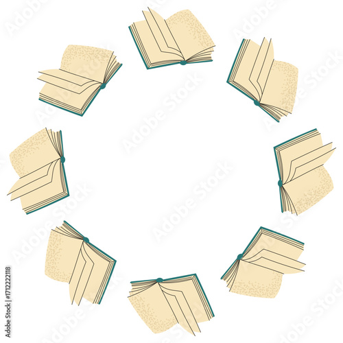 Opened books arranged in a circular frame on white background. Perfect for education, school, reading, and library themed designs.