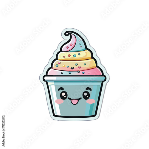 Cute kawaii frozen yogurt cup character with colorful swirls and sprinkles. A happy cartoon dessert mascot illustration