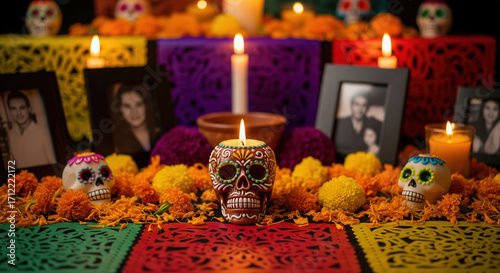 Dia de los Muertos ofrenda with sugar skull candle and marigolds. Concept of Mexican culture and remembrance.
