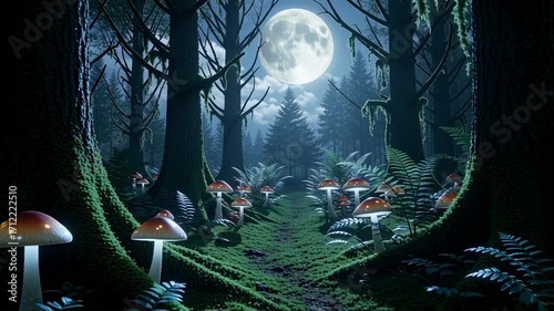 Magical moonlit forest path with glowing mushrooms and ferns under a bright full moon night sky