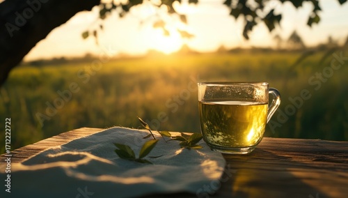 A glass cup of green tea sits on the table, with the sun setting in front and a field behind it. The background is blurred, creating a beautiful natural scenery.