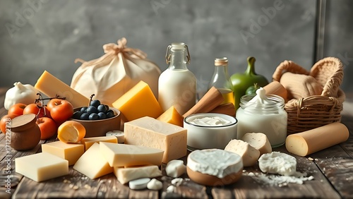 A rustic wooden table displaying a variety of fresh dairy products in soft natural light.
