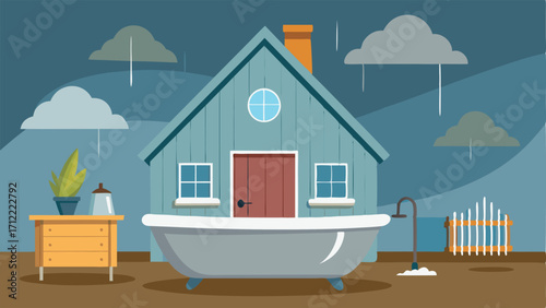 A farmhousestyle bathroom with a freestanding bathtub and a sleek rainfall shower.