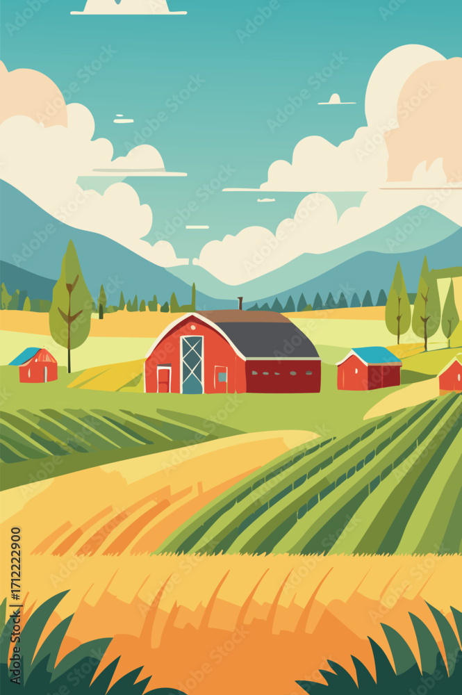 Fototapeta premium rural farmland landscape with village and red house 