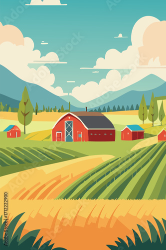 rural farmland landscape with village and red house 