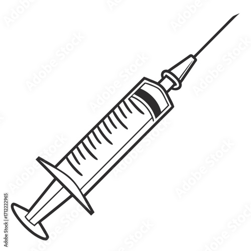 Minimalist illustration of a hypodermic syringe with a needle filled with a liquid medication in black and white vector