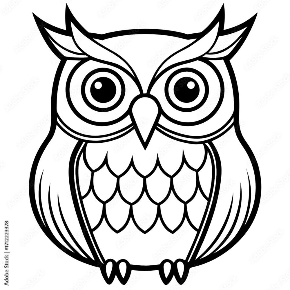 Fototapeta premium Minimalist illustration of a stylized owl with large eyes and patterned chest in black and white outline style vector