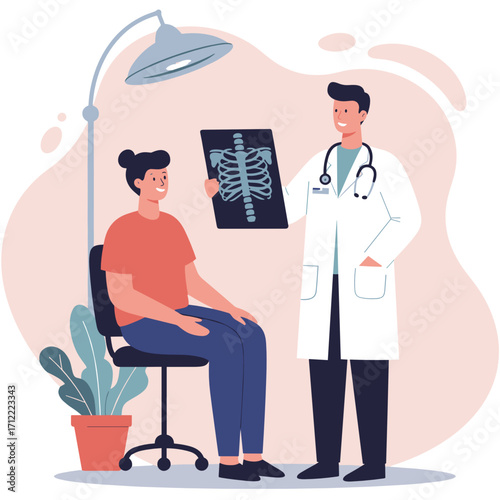 Doctor showing x-ray results to female patient in medical office  