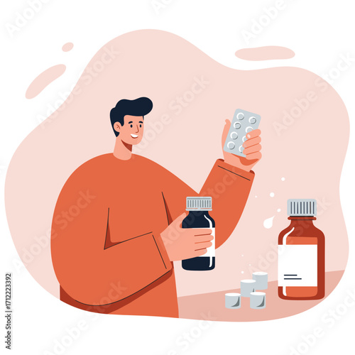 Young man holding medicine bottles and reading packaging at home  
