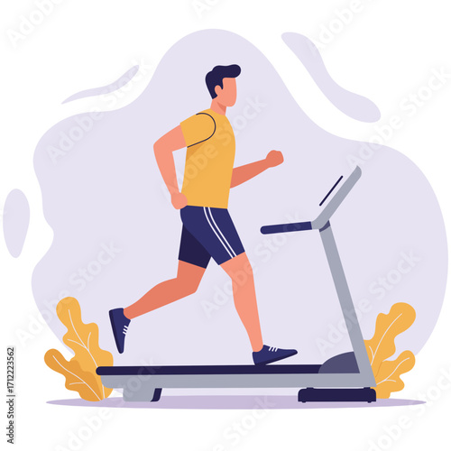 Young man jogging on treadmill in pastel gym environment  