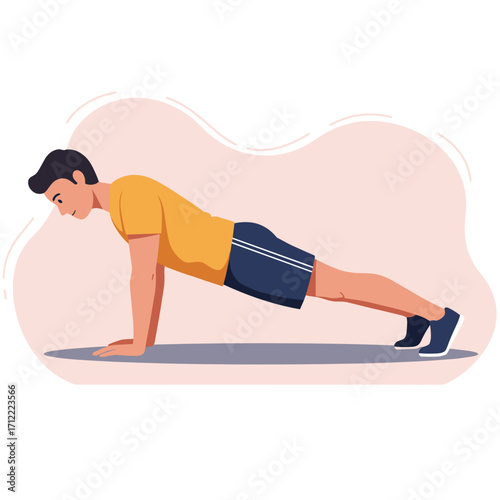 Young man doing push-up exercise on floor in fitness routine  