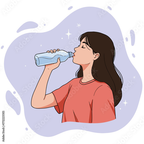 Young woman drinking water from a bottle with a smile on her face  