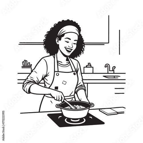 Black and White Vector Illustration of a Smiling Woman Cooking in Kitchen with Apron and Headband