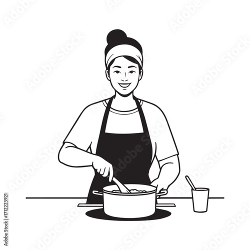 Black and White Vector Illustration of a Smiling Woman Cooking in Kitchen with Apron and Headband