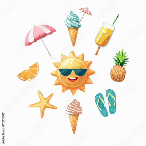 Bright and cheerful cartoon summer holiday essentials centered around a happy sun, capturing the spirit of warm weather and vacation fun