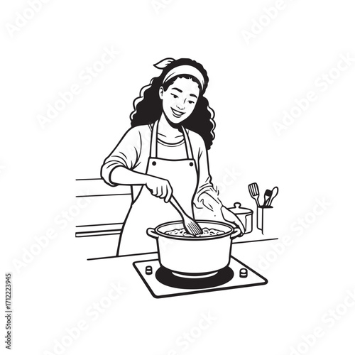 Black and White Vector Illustration of a Smiling Woman Cooking in Kitchen with Apron and Headband