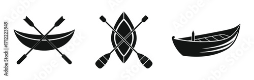 Boat Icon Set Black Silhouette Vector of Canoe, Kayak, and Rowboat with Paddles for Adventure, Fishing, and Outdoor Water Sports