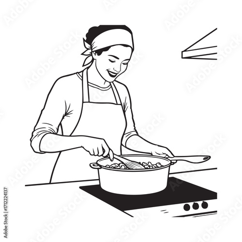Black and White Vector Illustration of a Smiling Woman Cooking in Kitchen with Apron and Headband