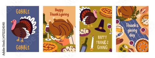 Happy Thanksgiving Day, greeting card designs set. Autumn holiday celebration with turkey, festive fall dishes on dinner table, traditional food, seasonal postcards. Flat vertical vector illustrations