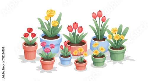 A charming collection of potted flowers, including tulips and daisies, arranged in various colorful pots on a white background.