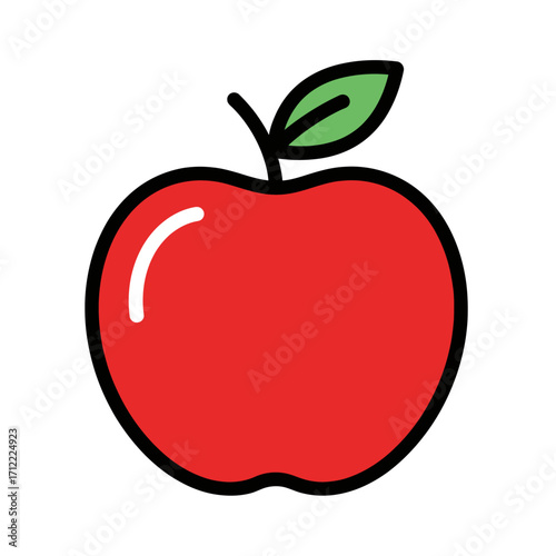 A simple, stylized illustration of a bright red apple with a green leaf and stem.