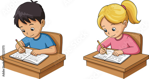 Children writing at desks, classroom scene with boy and girl, educational vector illustration for learning, homework, school, study,  writing at desks, classroom scene with boy and girl, 