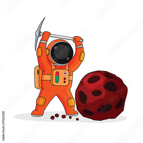 Illustrated depiction of an astronaut wearing an orange spacesuit mining an asteroid using a pickaxe, emphasizing futuristic space exploration concepts and activities.
