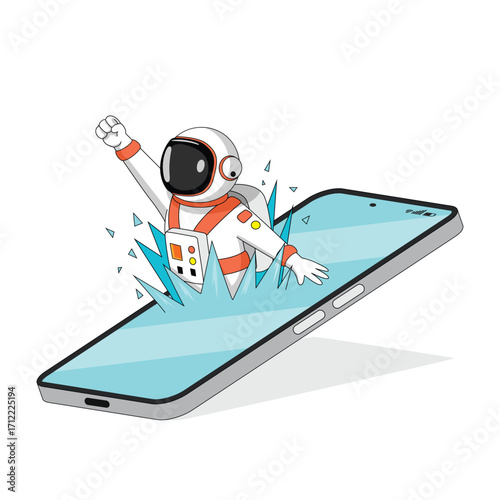 A vector illustration featuring an astronaut seemingly emerging from a smartphone, symbolizing creativity and the convergence of technology with imagination and space exploration.