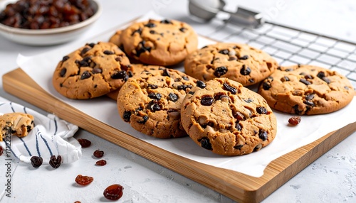 Homemade raisin cookies on a wooden board