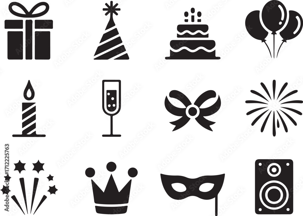 Fototapeta premium Celebrate joy with party icons: gift, cake, balloons, festive